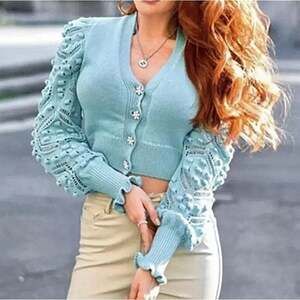 Zara Blue Cropped Jewel Button Knit Cardigan with Puff Sleeves